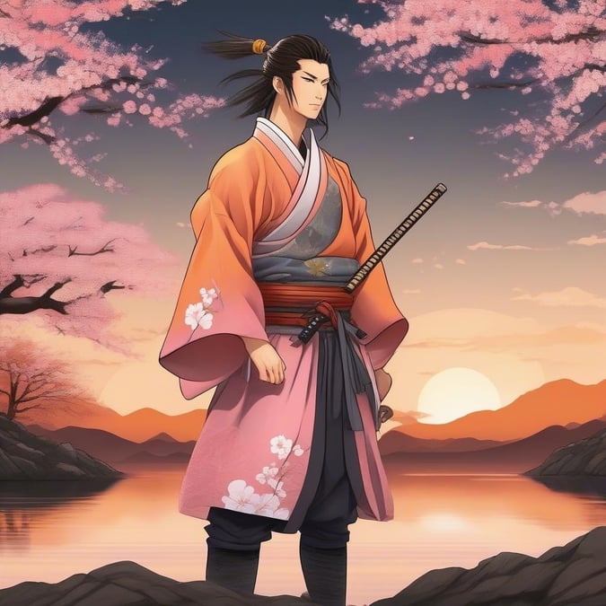 Eine ruhige Anime-Darstellung eines jungen Samurai, der über einen schönen See blickt, mit Kirschblüten, die sanft vom untergehenden Sonnenlicht beleuchtet werden.