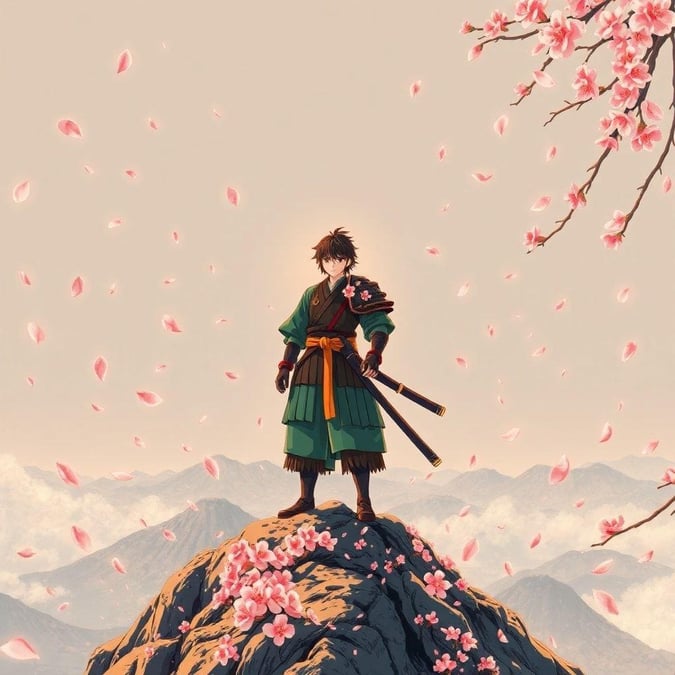 Ce fond d'écran anime présente un jeune samouraï debout au sommet d'une montagne, entouré de pétales de fleurs de cerisier. La scène sereine est remplie de couleurs chaudes, le pelage vert et brun vif du samouraï contrastant avec le doux fond gris.