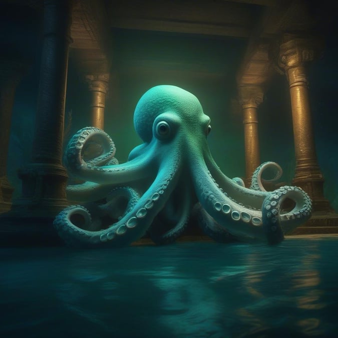 A captivating view of an octopus amidst ancient ruins, inviting you into the depths of the ocean.