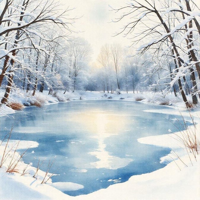 A tranquil winter scene featuring a calm lake, surrounded by snow-covered trees with the light of day peeking through.