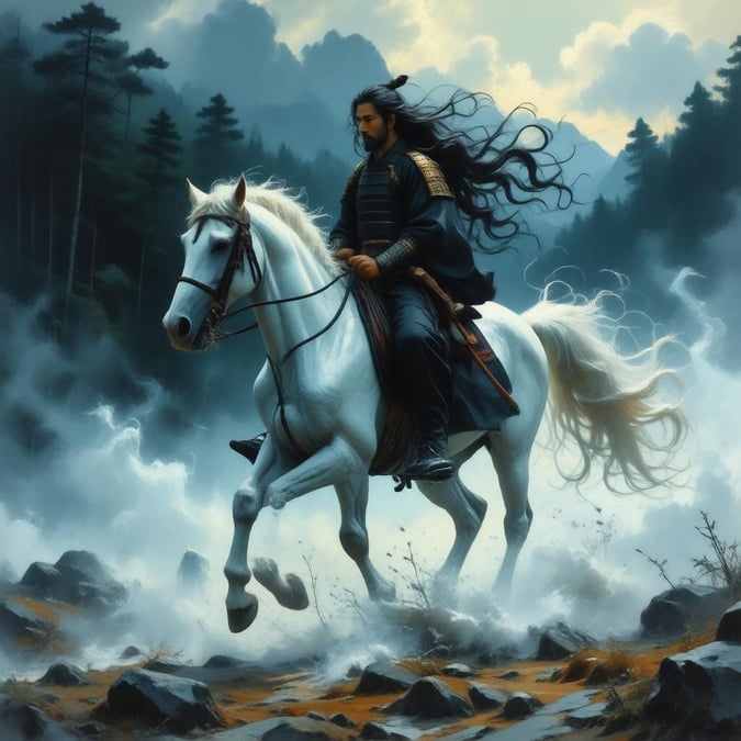 A lone samurai rides through a misty landscape, pursued by a ghostly samurai. The scene is set against the backdrop of a forest, emphasizing the serene yet intense journey of the main character.