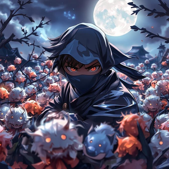 In this digital art piece, a young ninja is captured in an enchanting moonlit garden filled with traps and illusions. The garden comes alive with small, fluffy creatures, each one uniquely colored, creating a visually stunning scene. The tranquil atmosphere of the garden contrasts with the determination of the ninja's gaze, adding an element of intrigue to the image.