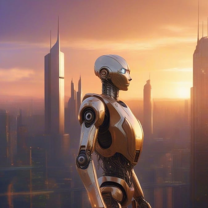 A robot stands tall against the backdrop of a city skyline as the sun sets. The golden hues reflect off its metallic form, creating a serene and futuristic scene.