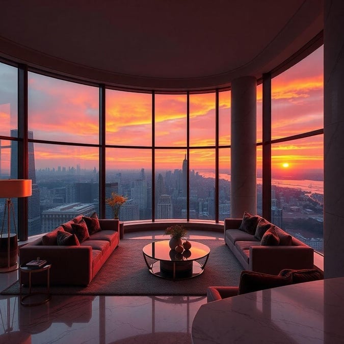 A luxurious living room overlooking a city skyline at sunset, with the golden glow of the setting sun illuminating the high-rise windows and furniture.