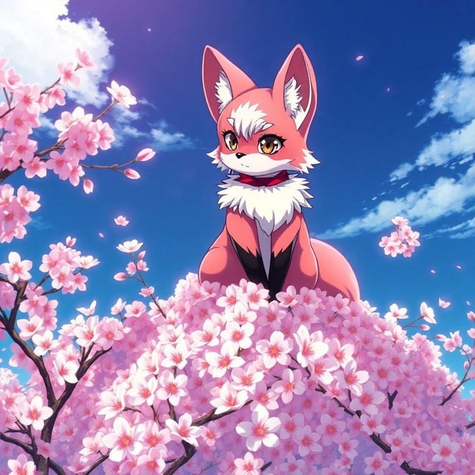 This enchanting wallpaper features a fox spirit sitting on a mountain of cherry blossoms, set against a deep blue sky. The vibrant pink and white fur, complemented by a red collar, adds a touch of elegance to the scene.