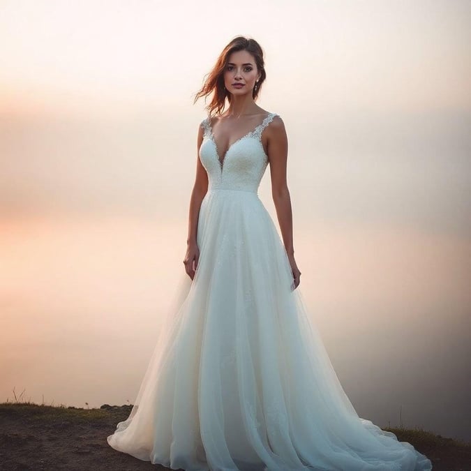 This elegant bride stands by the ocean at sunset, radiating joy and love for her special day. The bridal gown, a symbol of purity and beauty, cascades down in soft folds to create a harmonious blend with the tranquil landscape.