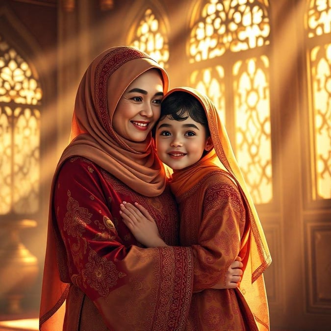 A tender moment shared between a mother and daughter during the festive occasion of Eid, with the backdrop of Islamic architecture adding to the warmth of the celebration.