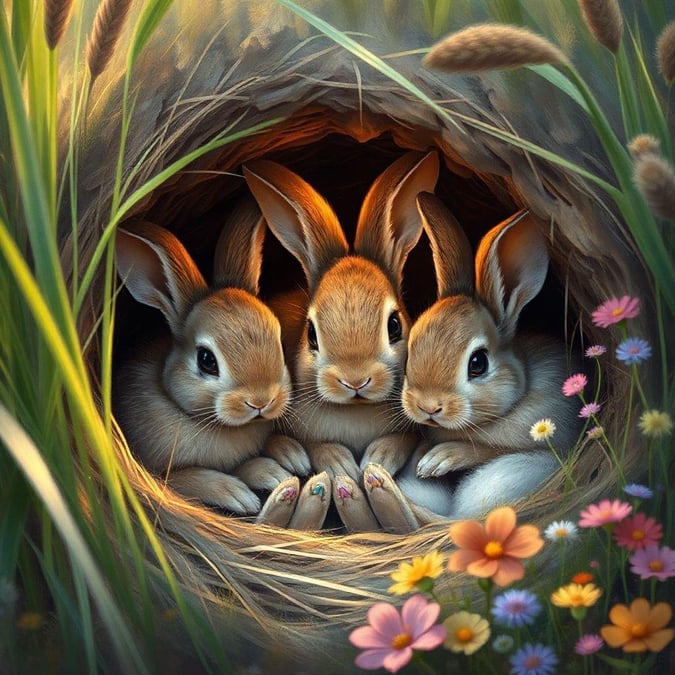 A heartwarming snapshot of three baby bunnies snuggling together in their cozy nest, basking in the glow of spring's warmth.