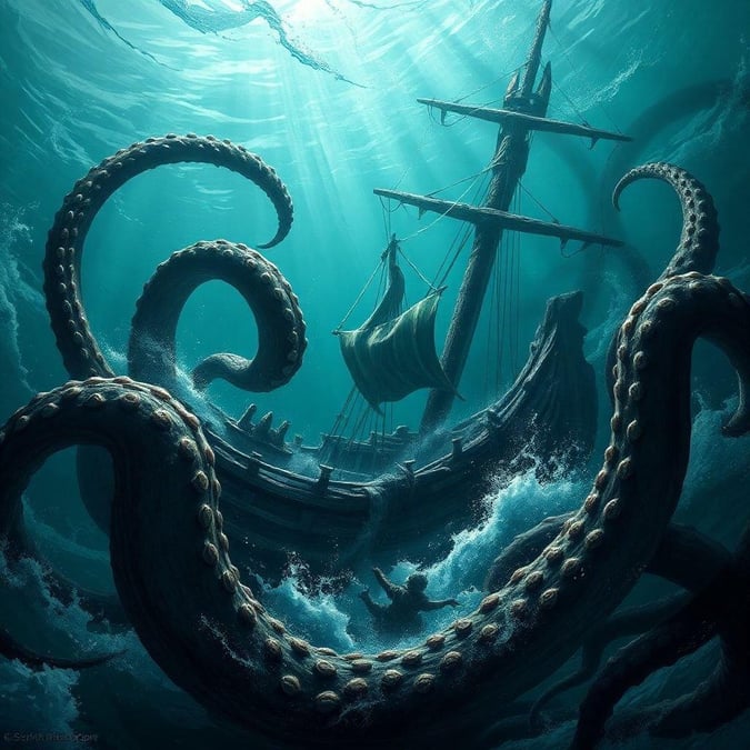 Dive into an underwater fantasy where octopi and a ship share the seascape. The silhouette of a pirate ship lurks in the background, adding to the mystique. Are you ready for the adventure?