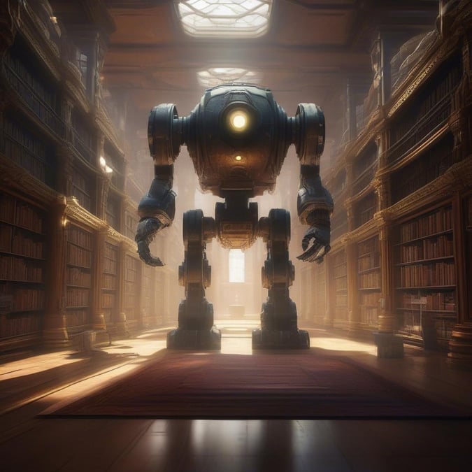 This wallpaper features a robot standing in a library, surrounded by bookshelves and natural light streaming through the windows. The robot is depicted in a realistic and detailed manner, with intricate textures and shading that give it a sense of depth and dimension. The library setting adds a touch of sophistication and learning to the image, making it a great choice for anyone who loves books and technology.