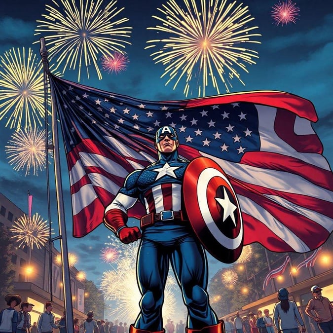 Join Captain America as he celebrates the spirit of freedom on this Fourth of July! Featuring the iconic superhero in his signature suit, holding an American flag and a shield emblazoned with the star symbol. The backdrop is alive with fireworks lighting up the night sky, creating a vibrant display that captures the essence of patriotism.