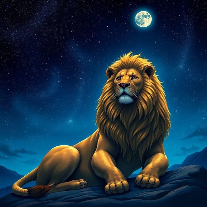 Lion's gaze transports us to a serene night under the starlit sky. An image of strength and nobility in its quiet solitude.