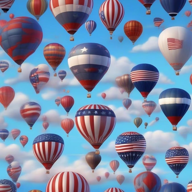 A festive scene of hot air balloons in vibrant American flag colors, celebrating the spirit of July 4th.