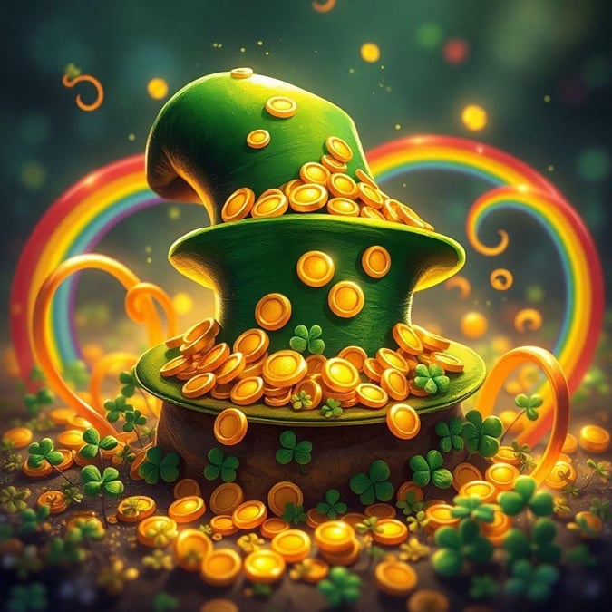 A vibrant St. Patrick's Day celebration featuring a pot full of gold coins and four-leaf clovers, set against a backdrop that evokes the mystical allure of Irish folklore.