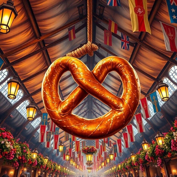 Vibrant scene at the Oktoberfest celebration, with a large pretzel hanging in the center of the room, symbolizing German festive spirit.