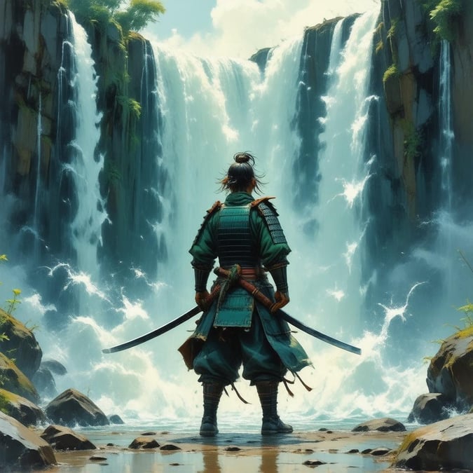 Dyk ned i den rolige skønhed i denne anime-inspirerede scene, hvor en majestætisk samurai står højt foran et betagende vandfald.