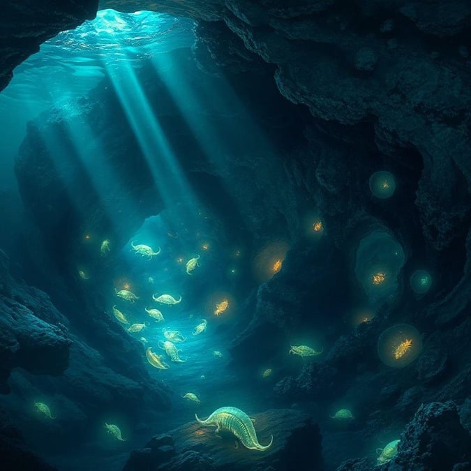 Explore the depths of an alien ocean brimming with vibrant marine life. The sun casts a beaming light from above, illuminating the scene and adding to the otherworldly atmosphere.