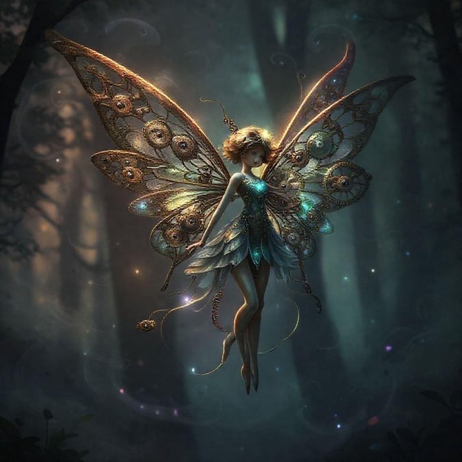 In the mystic realm where magic weaves through reality, a guardian of nature and dreams takes flight. Adorned in ethereal attire, this fairy-like figure holds an orb that radiates with enchantment, her wings spread wide to navigate the fantastical skies.