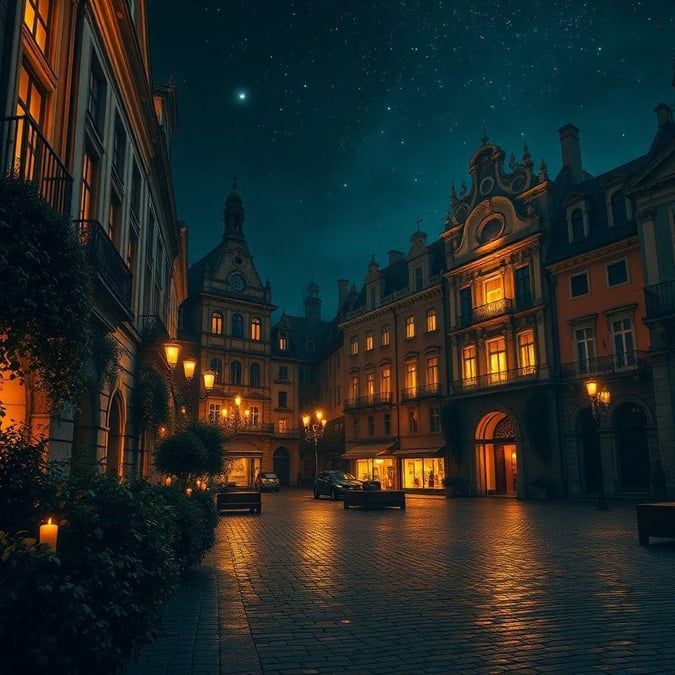 This captivating scene showcases the enchanting atmosphere of a European town at dusk. The cobblestone streets and quaint buildings are bathed in soft light, creating an idyllic setting that is both peaceful and inviting. Whether it's a romantic escape or a picturesque locale for a memorable vacation, this image offers a glimpse into the timeless beauty of Europe.