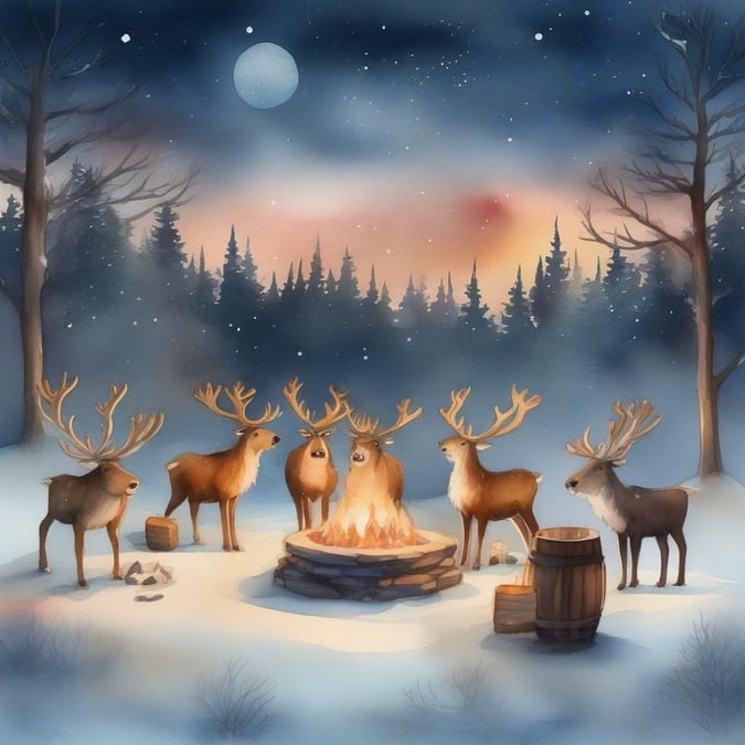 Friends gather to celebrate the solstice by the warmth of a fire. This winter wonderland scene is full of festive spirit, perfect for desktop backgrounds.