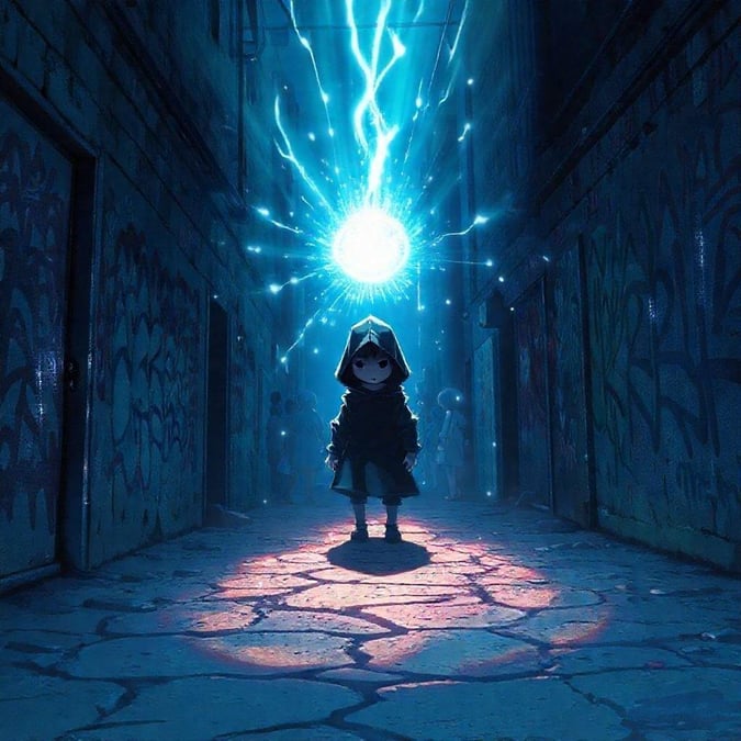 Immerse yourself in the captivating world of anime with this wallpaper featuring a small figure with a hood surrounded by a mysterious portal.