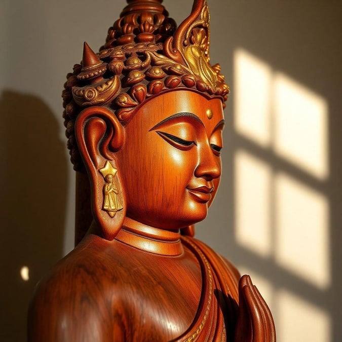 This serene image features a beautifully crafted Buddha statue, exuding peace and tranquility. The intricate details and elegant design make it a stunning addition to any space.