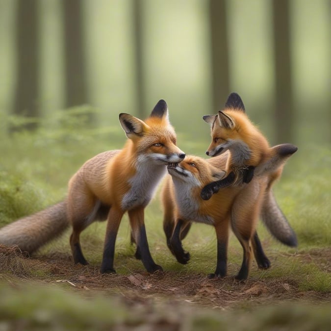 This image captures a tender moment between two adult red foxes and their young cub. They are walking through a forest clearing, perhaps searching for food or exploring their territory.