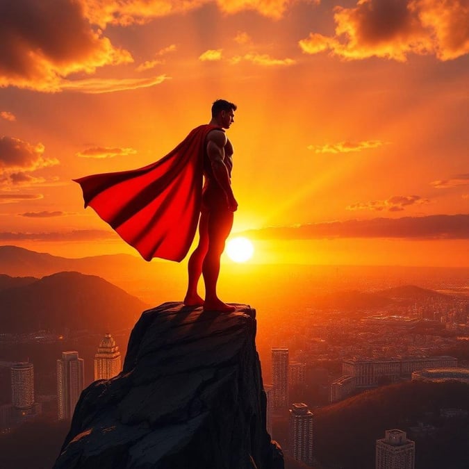 Ce magnifique fond d'écran présente Superman debout sur un rocher surplombant la ville, avec le soleil se couchant derrière lui. L'image capture l'essence de l'icône du super-héros, avec son costume rouge et bleu et sa cape flottant dans le vent.