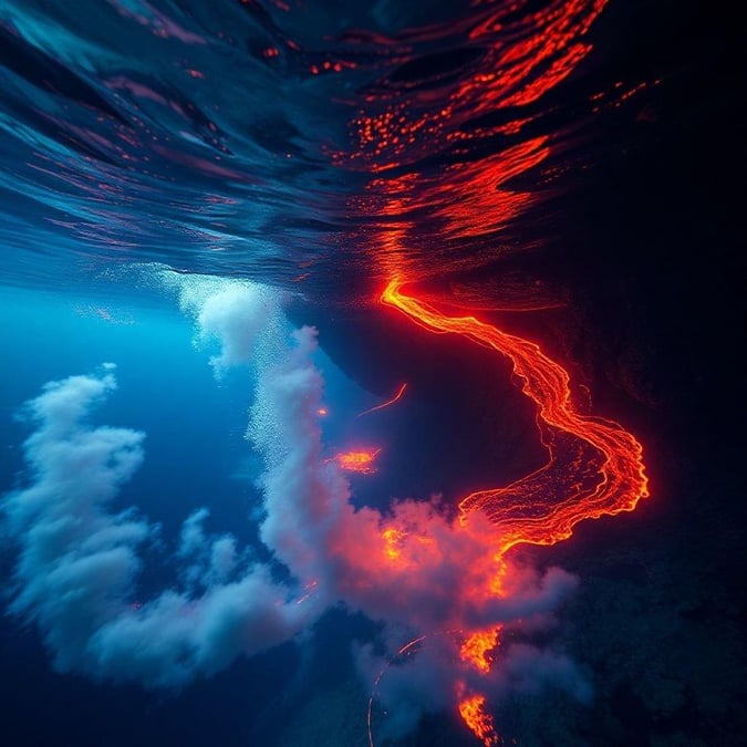 A mesmerizing view of a volcanic eruption beneath the ocean surface, captured with a wide-angle lens for a dramatic perspective.