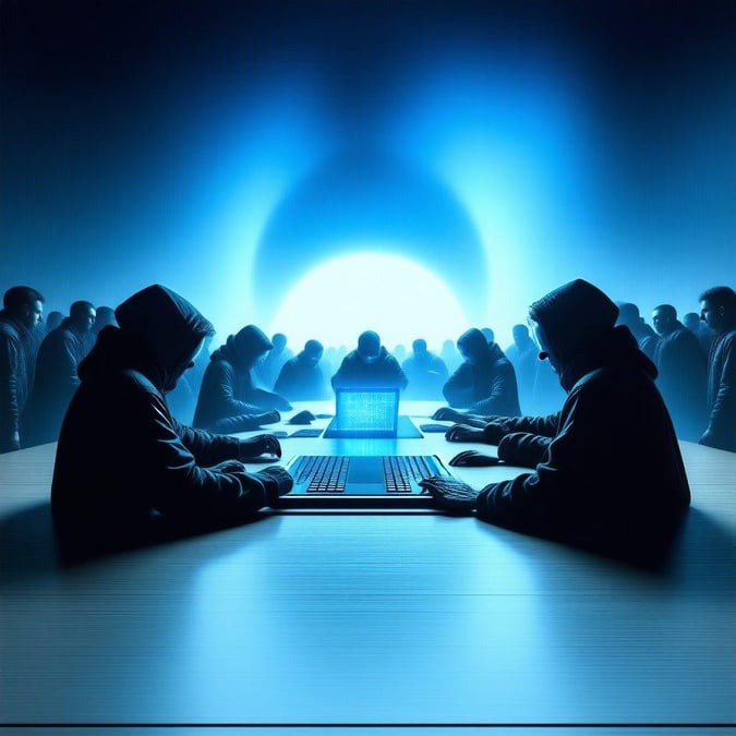 A group of cyber-warriors in an intense digital battle, encircled by a futuristic holographic interface.