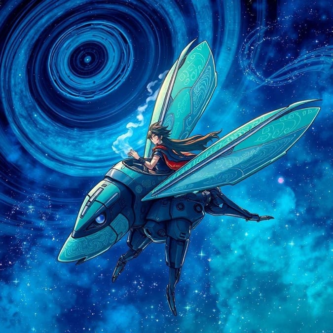 This anime illustration captures a samurai pilot soaring through a starry night sky, accompanied by a majestic dragonfly mech adorned with intricate patterns.