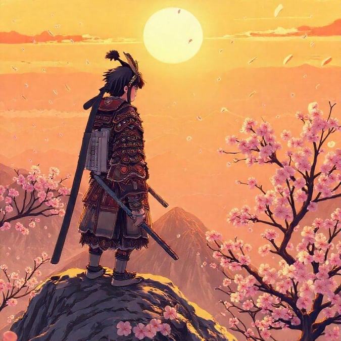 Esta cativante ilustração de anime retrata um jovem samurai em pé no pico de uma montanha, cercado pela beleza deslumbrante das árvores de cerejeira. Os quentes tons amarelos e laranjas da cena evocam uma sensação de calma e aventura, convidando o espectador a entrar no mundo sereno desta obra-prima do anime.