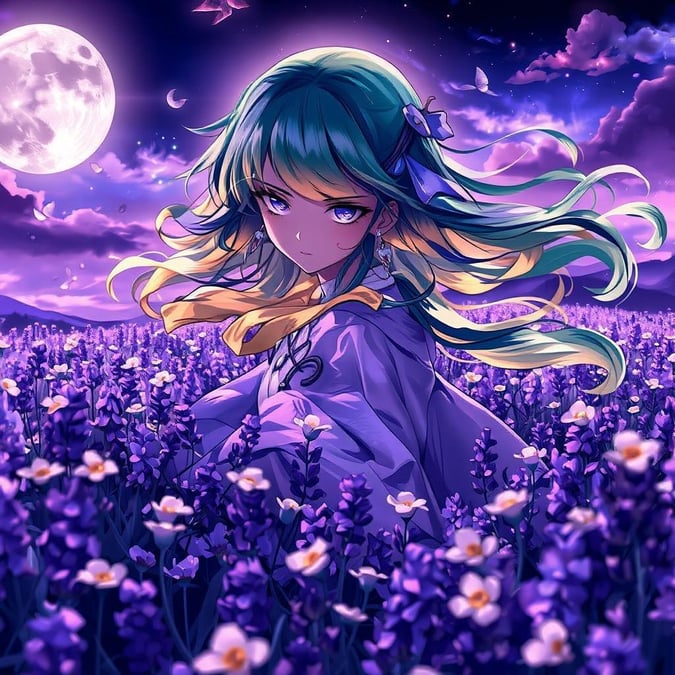 A yurei girl with striking green and yellow hair floats serenely among blooming purple flowers under a night sky illuminated by the moon. The deep perspective and vivid colors create an enchanting, magical atmosphere.