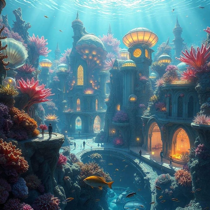 Discover an enchanting underwater city, where architecture and marine life coexist. Explore the grand halls of a palace perched on a coral reef, amidst schools of colorful fish.