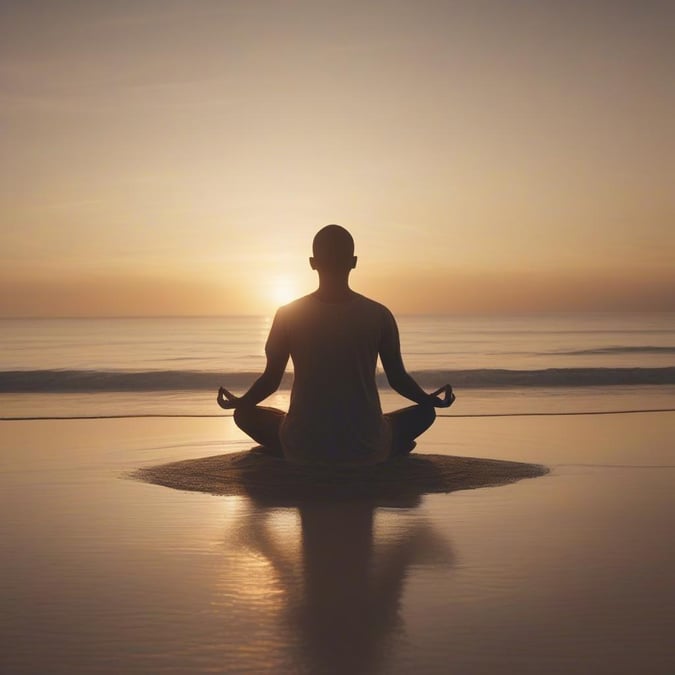 This stunning wallpaper captures the beauty of the ocean at sunset, with a man meditating on the beach. The warm colors and peaceful atmosphere evoke a sense of calm and tranquility.