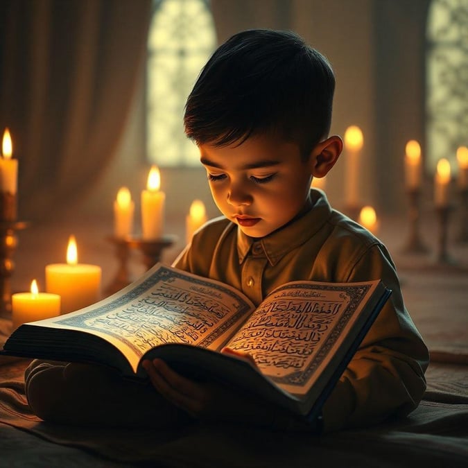 A young child, engrossed in the holy words of the Quran, lights a serene and peaceful ambiance with the soft glow of candles.