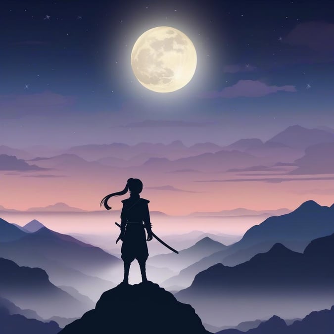 Experience the stillness of the night as a young ninja warrior stands atop a mountaintop, her form illuminated by the soft glow of the full moon. The serene backdrop of distant mountains under the starry sky creates an atmosphere of peace and focus.