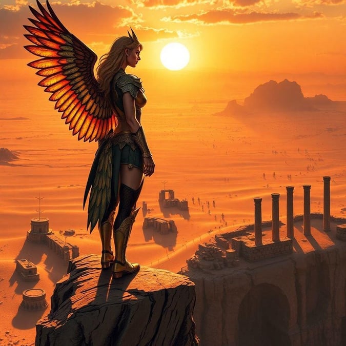 A powerful warrior stands sentinel as the sun rises over a mystical desert city, embodying the spirit of heroism and adventure.