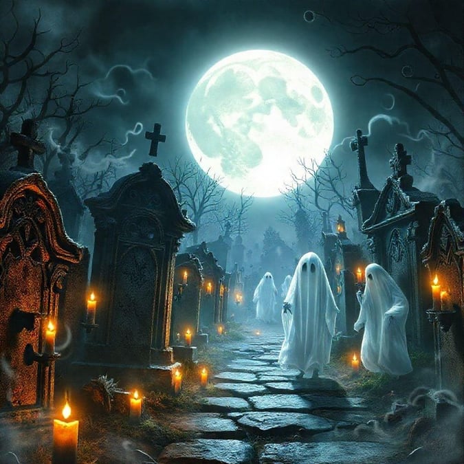 This spooky Halloween wallpaper features a ghostly graveyard at night, with ghosts roaming among the tombstones under the light of a full moon.