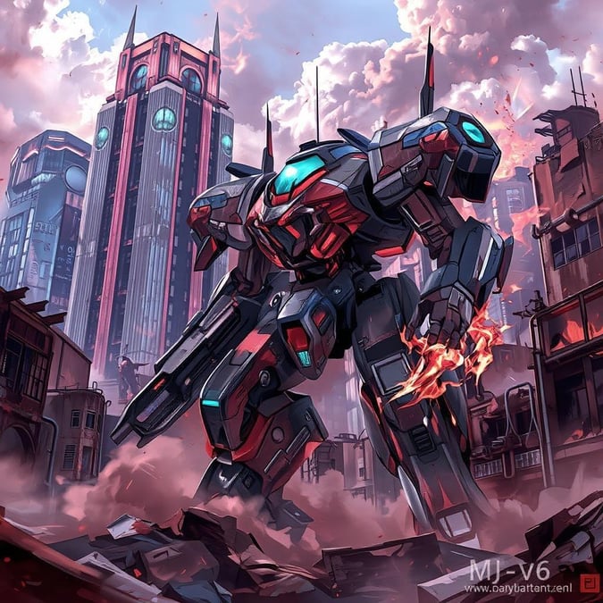 Get ready to immerse yourself in a world of futuristic action and adventure with this stunning anime mech wallpaper. Set against a backdrop of towering skyscrapers and decaying buildings, this mech is a force to be reckoned with.