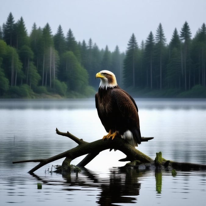 This beautiful eagle is perched on a branch, looking out over the water. The eagle's feathers are a stunning shade of brown, and its eyes are piercing and sharp. The branch it is sitting on is sturdy and strong, and it provides a perfect perch for the eagle to survey its surroundings.