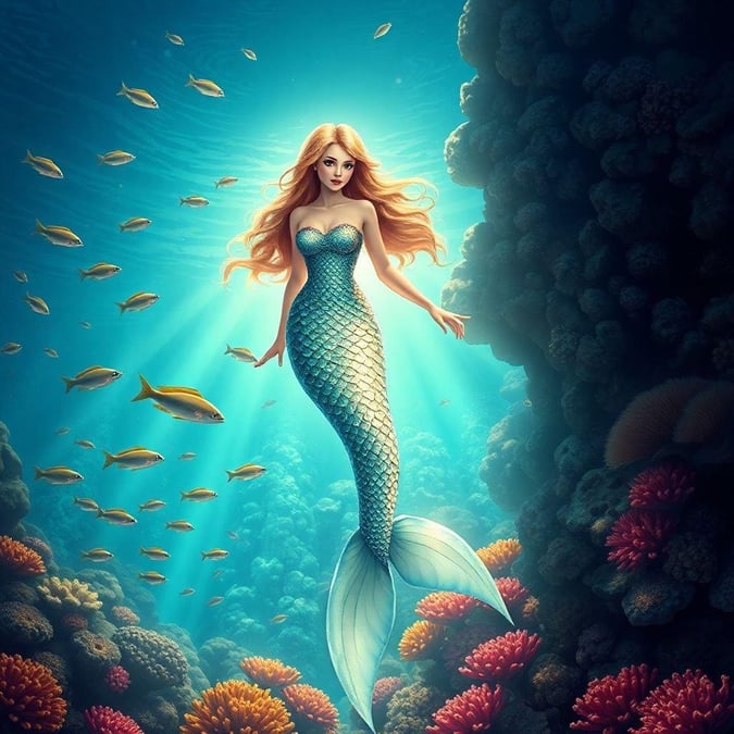 In the depths of this magical underwater kingdom, Disney's beloved mermaid princess Ariel finds joy and adventure. Adorned with her signature tail and crown, she swims among an array of tropical fish, exploring the wonders of the deep sea.