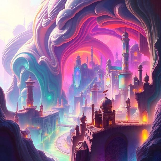 Step into a mystical realm where ancient architectural marvels blend with fantastical landscapes. This enchanting wallpaper features majestic towers and domes, intricate minarets reaching for the sky, and a magical city nestled between swirling clouds.