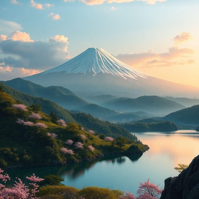 Experience the tranquil beauty of Japan's famous Mt. Fuji captured during a picturesque sunset over a serene lake, framed by cherry blossoms and lush greenery.