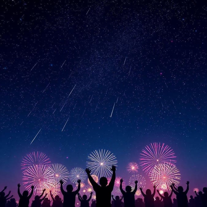 A crowd of people reveling in the joyous atmosphere during a firework display. The night sky is lit with vibrant colors from the exploding fireworks.