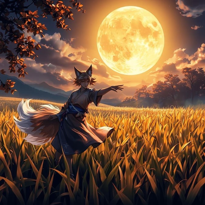 A serene anime illustration of a fox spirit dancing under a full moon in a lush rice field, capturing a peaceful moment in nature.