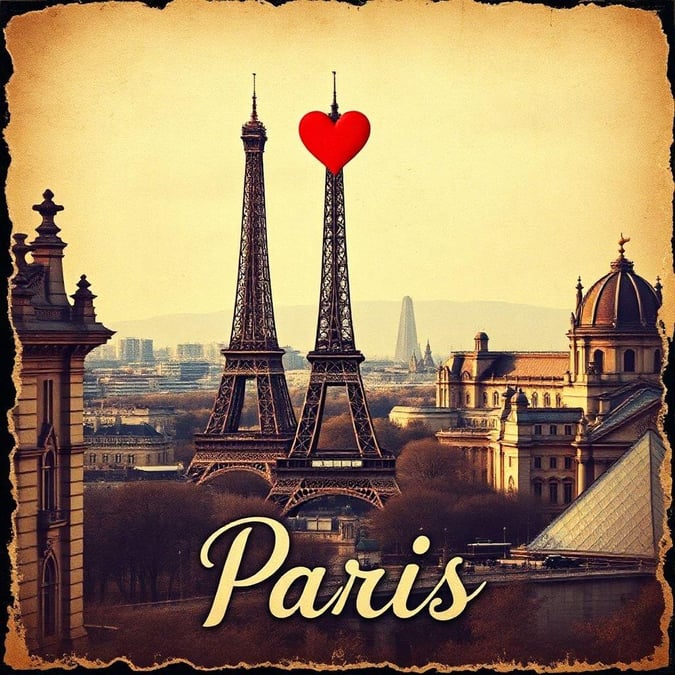 A romantic view of the Eiffel Tower with a heart on top, symbolizing love and affection.