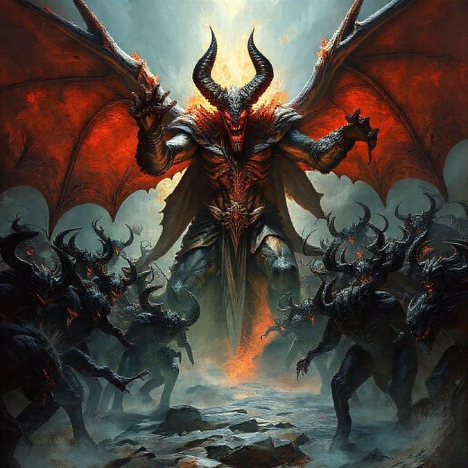 The dark lord stands at the head of his infernal legion, leading them into a battle of epic proportions.