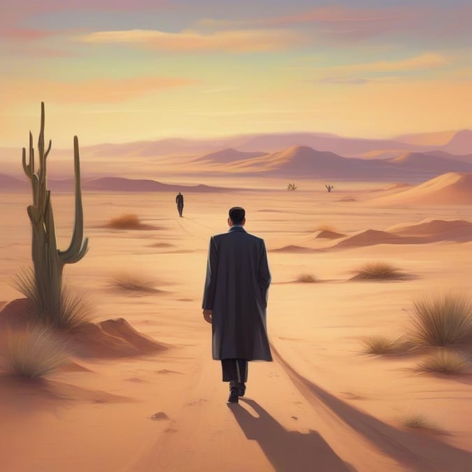 This image captures a man walking in the desert, exuding a sense of adventure and freedom. The vast expanse of the desert landscape stretches out before him, with the sun setting in the distance, casting a warm orange glow over the scene.