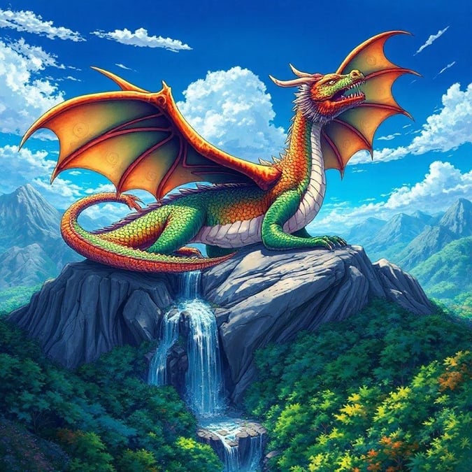 Abrace a magia de um dragão de estilo anime enquanto ele se empoleira majestaticamente no topo de uma cadeia de montanhas. Os padrões intrincados e as cores vibrantes do dragão atraem a atenção, enquanto suas asas se espalham amplamente em uma exibição de grandeza. No primeiro plano, uma floresta verde exuberante adiciona um toque de serenidade natural à cena, com uma pequena cachoeira caindo suavemente entre a folhagem. O profundo céu azul ao fundo realça a atmosfera mística desta imagem fantástica. Este papel de parede é perfeito para uso em desktop e móvel, e pertence à categoria 'Anime'.